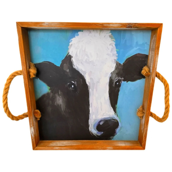 Rustic Farmhouse Cow Tray Distressed Wood Frame Jute Handle Turquoise Ba… - Picture 1 of 6